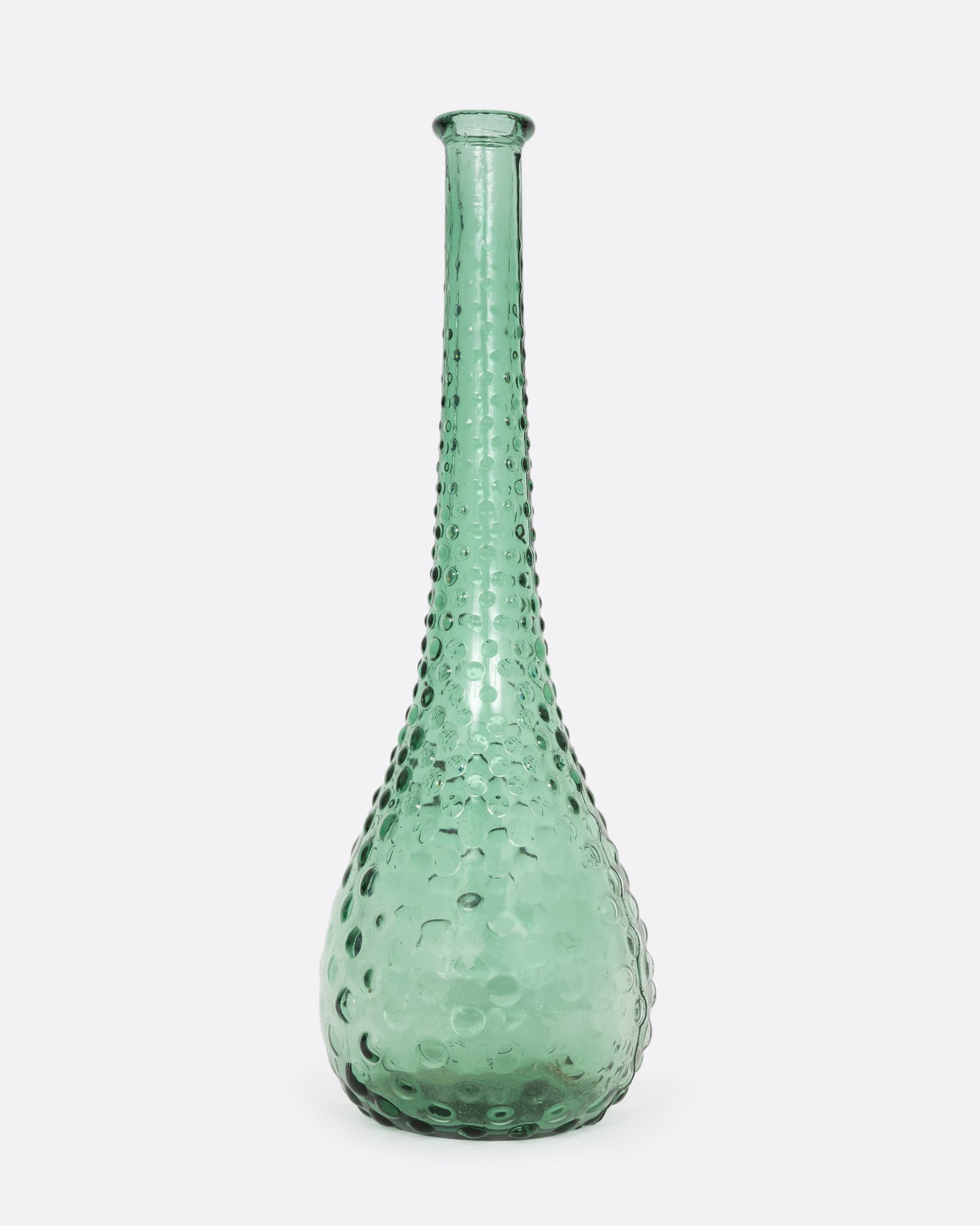 A green glass vase with a raised bubble texture. Shown from the front.