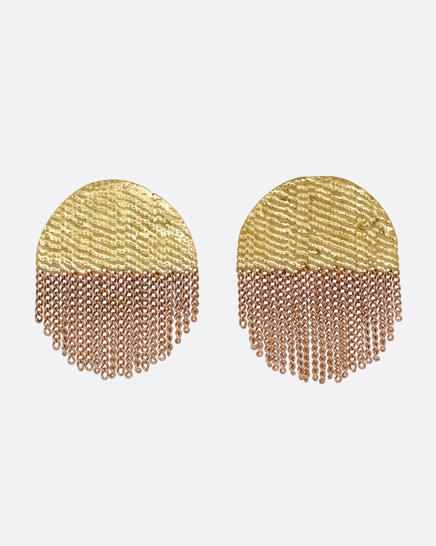 A yellow gold circular stud back earring that's half solid and half fringe chain. Shown from the front.
