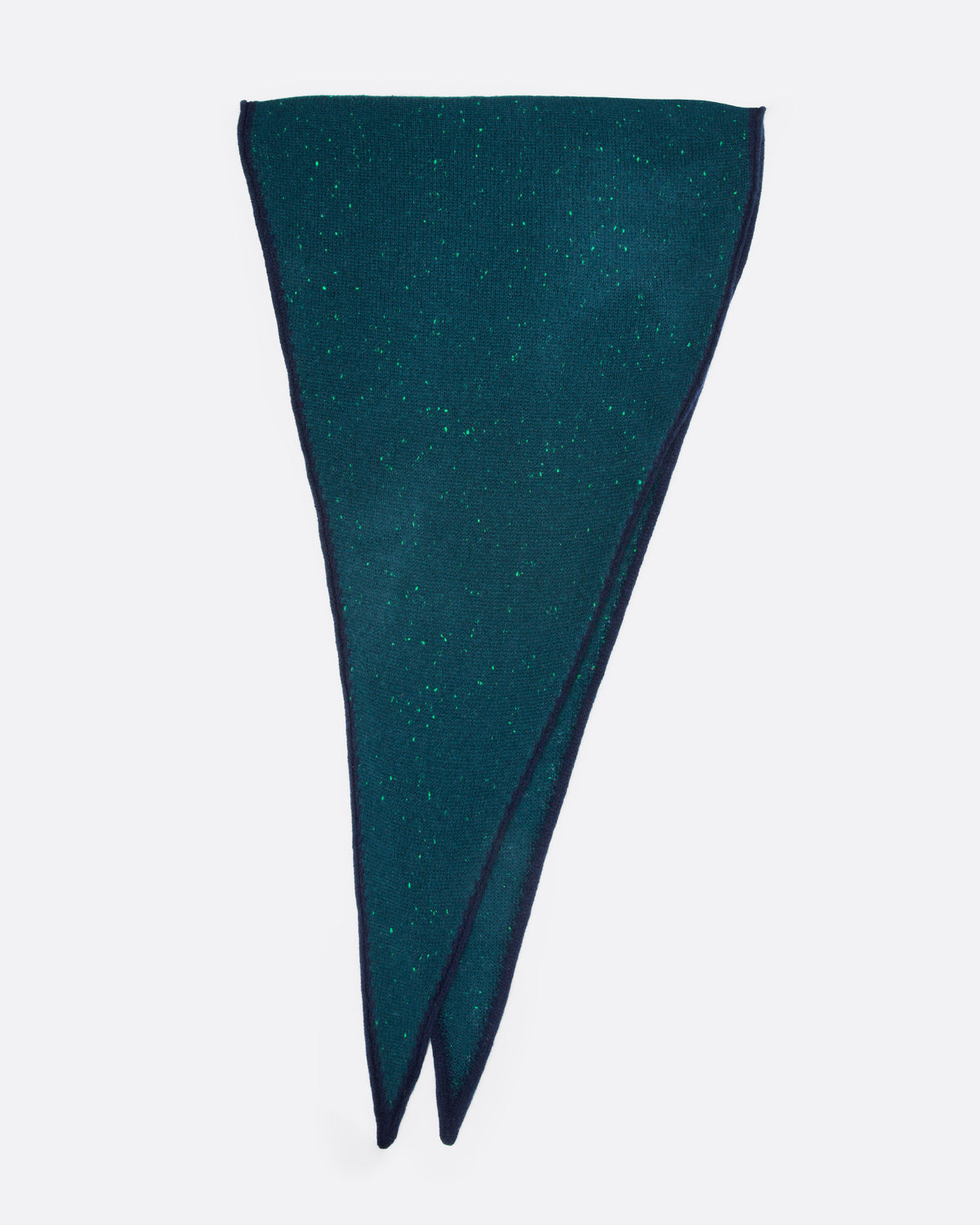 A dark teal green ribbed knit scarf with tiny bright green flecks, and a navy striped border, shown folded in half.
