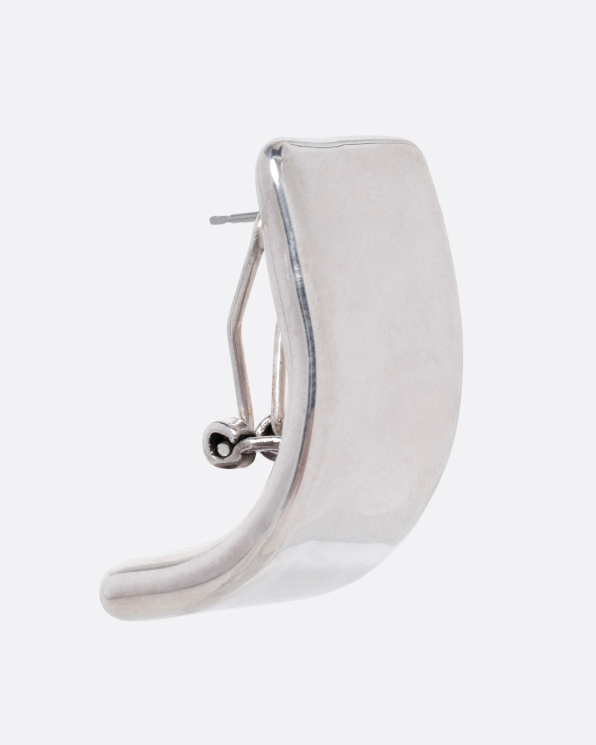 A silver rectangular curved earring, shown from the side.