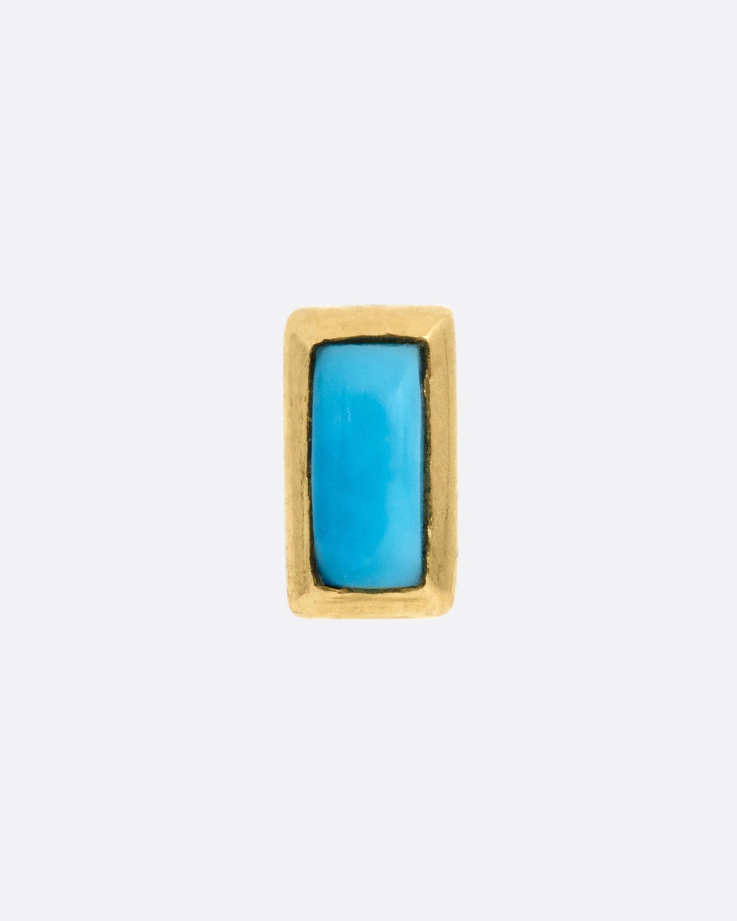 A yellow gold stud earring with a baguette cut turquoise, shown from the front.