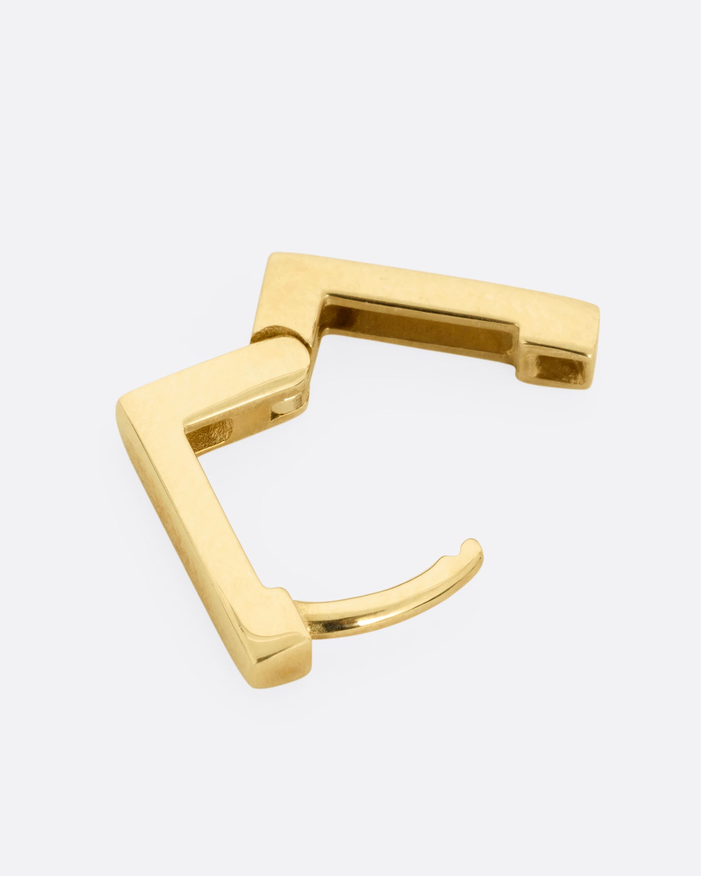 A square yellow gold hoop earring with a hinge clicker clasp. Shown open from the side.