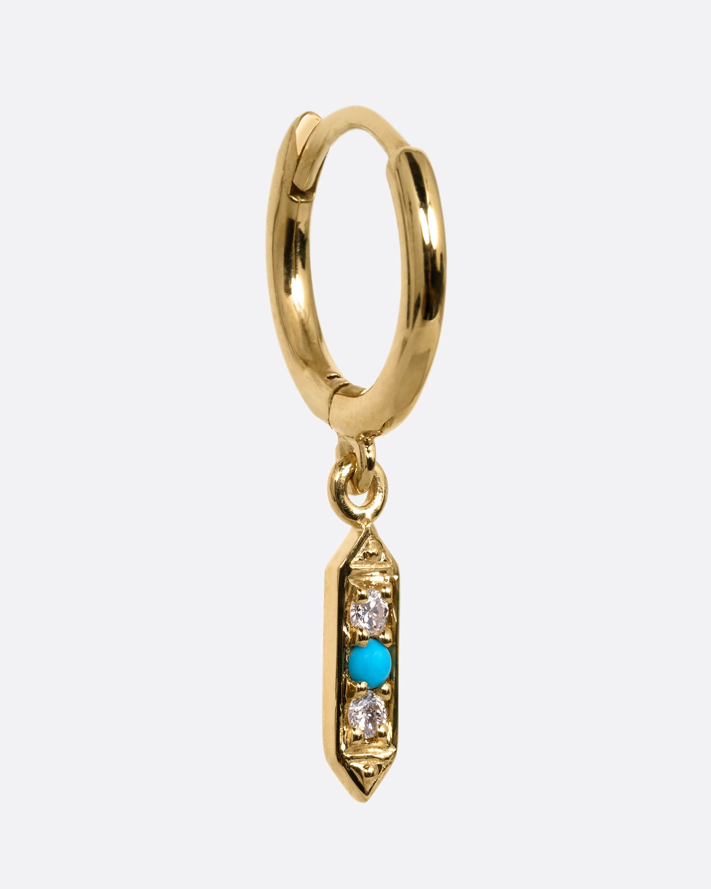 A yellow gold hoop earring with a diamond and turquoise dangle, shown from the side.