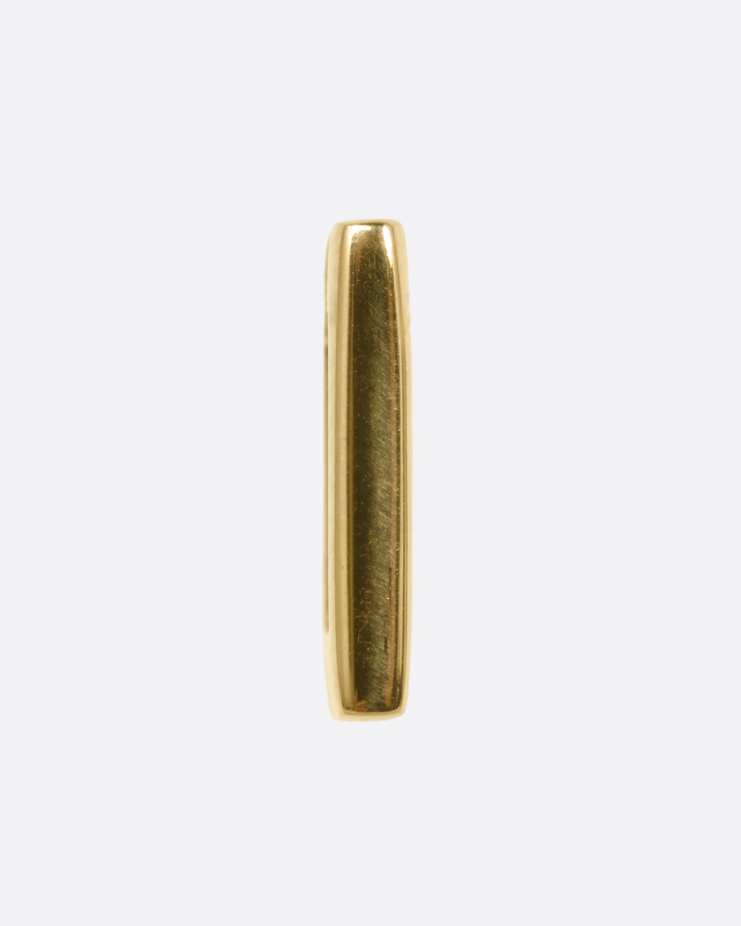A square yellow gold hoop earring with a hinge clicker clasp. Shown from the front.