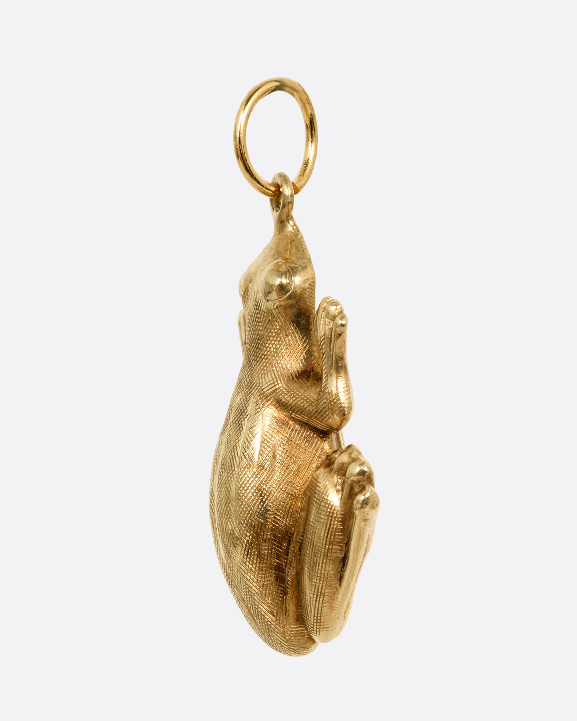A yellow gold frog pendant shown from the side.
