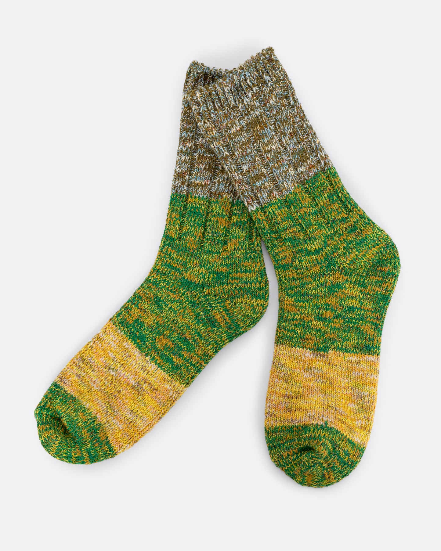 A pair of green, yellow and brown melange ribbed socks.