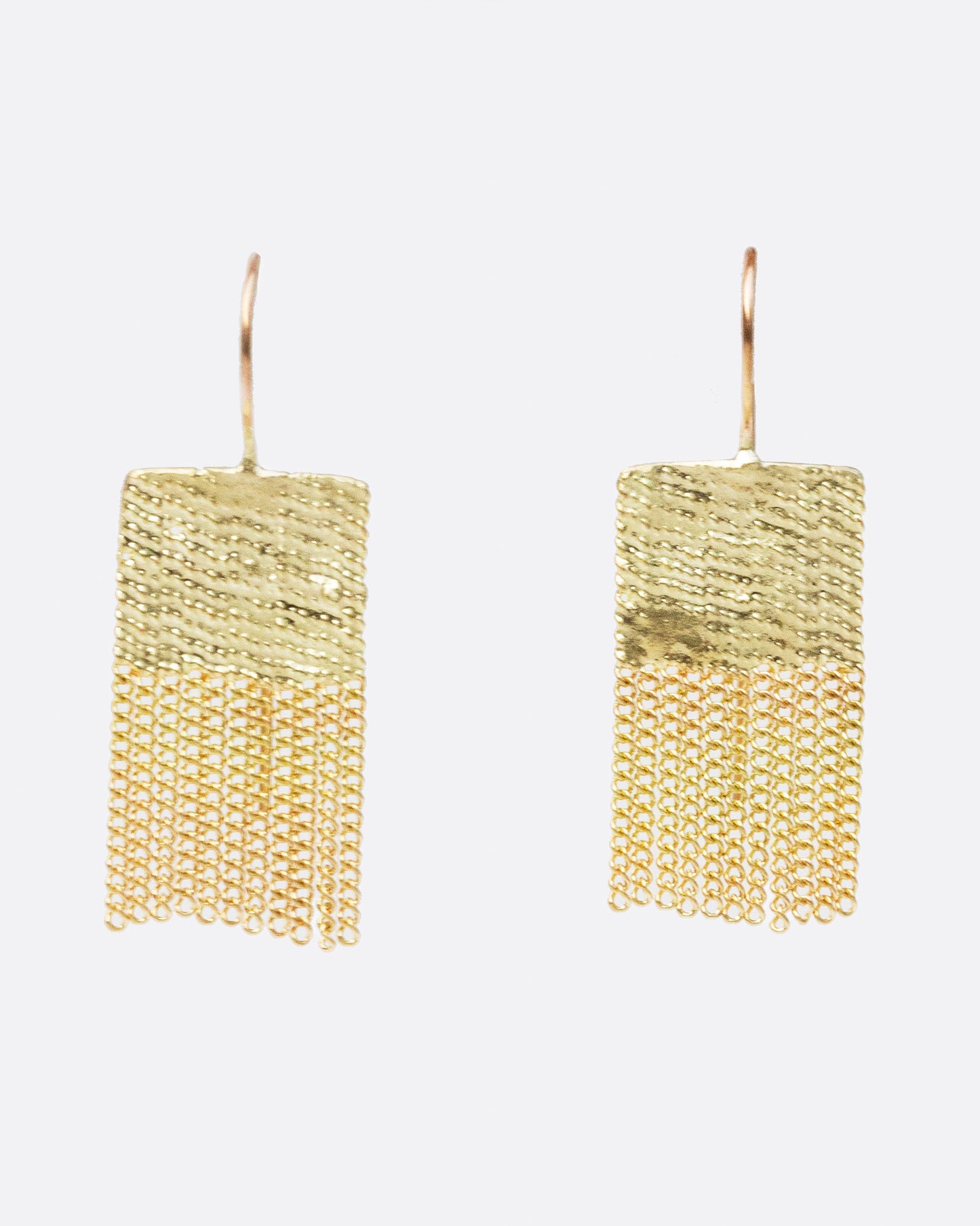 Yellow gold rectangular earrings with yellow gold chain fringe at the bottom. Shown from the front.