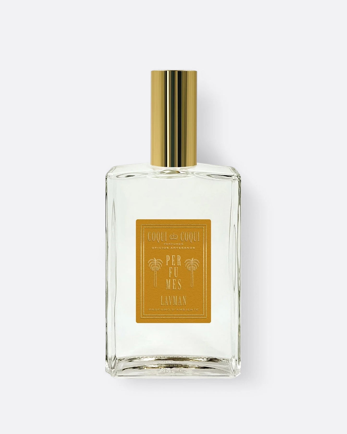 A linen spray glass bottle with gold cap and gold label shown from the front.