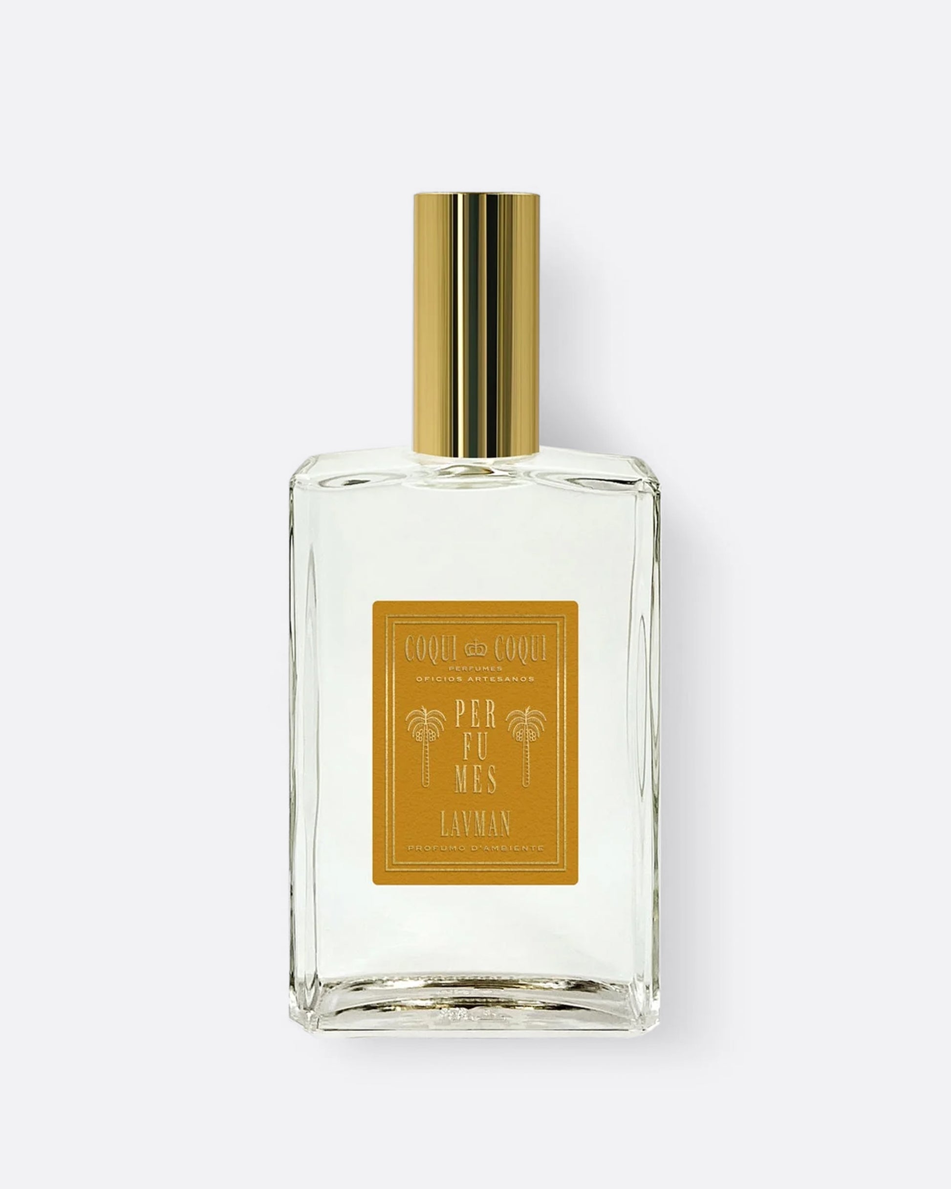 A linen spray glass bottle with gold cap and gold label shown from the front.