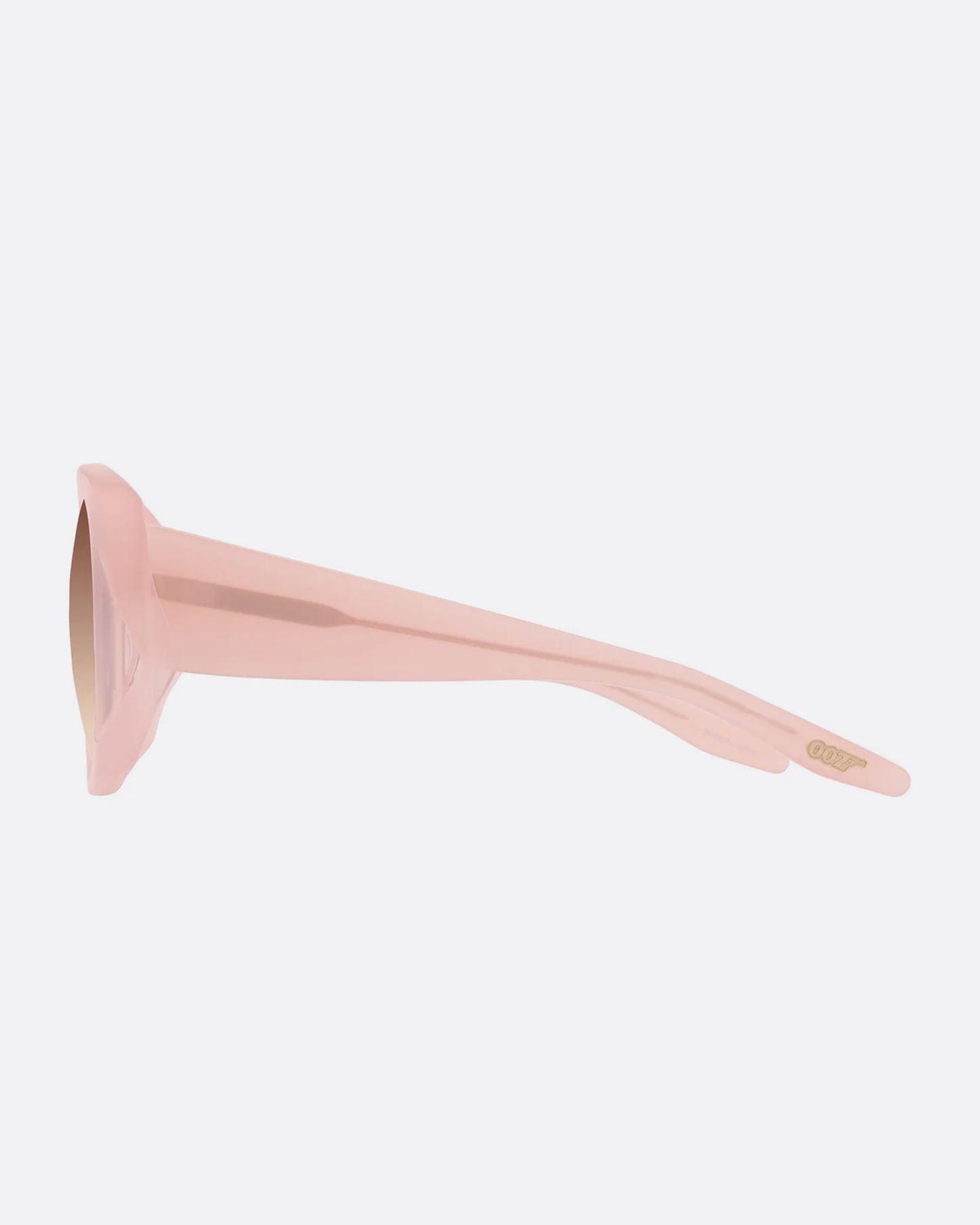 A pair of pink sunglasses with gradient lenses, shown from the side.