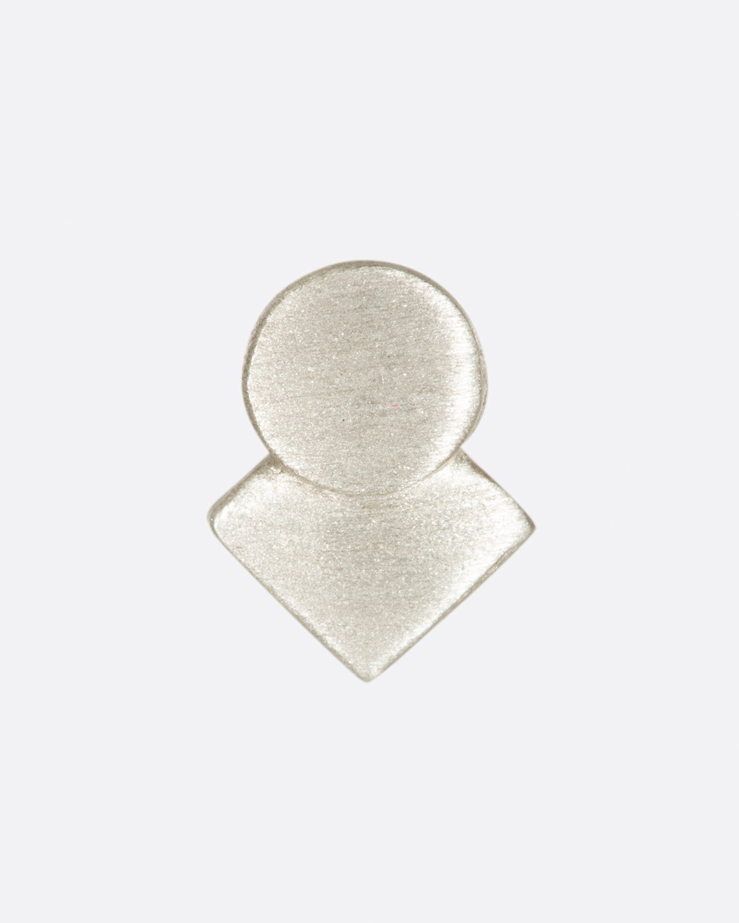 A silver square stud earring with overlapping circle and matte finish. Shown from the front.