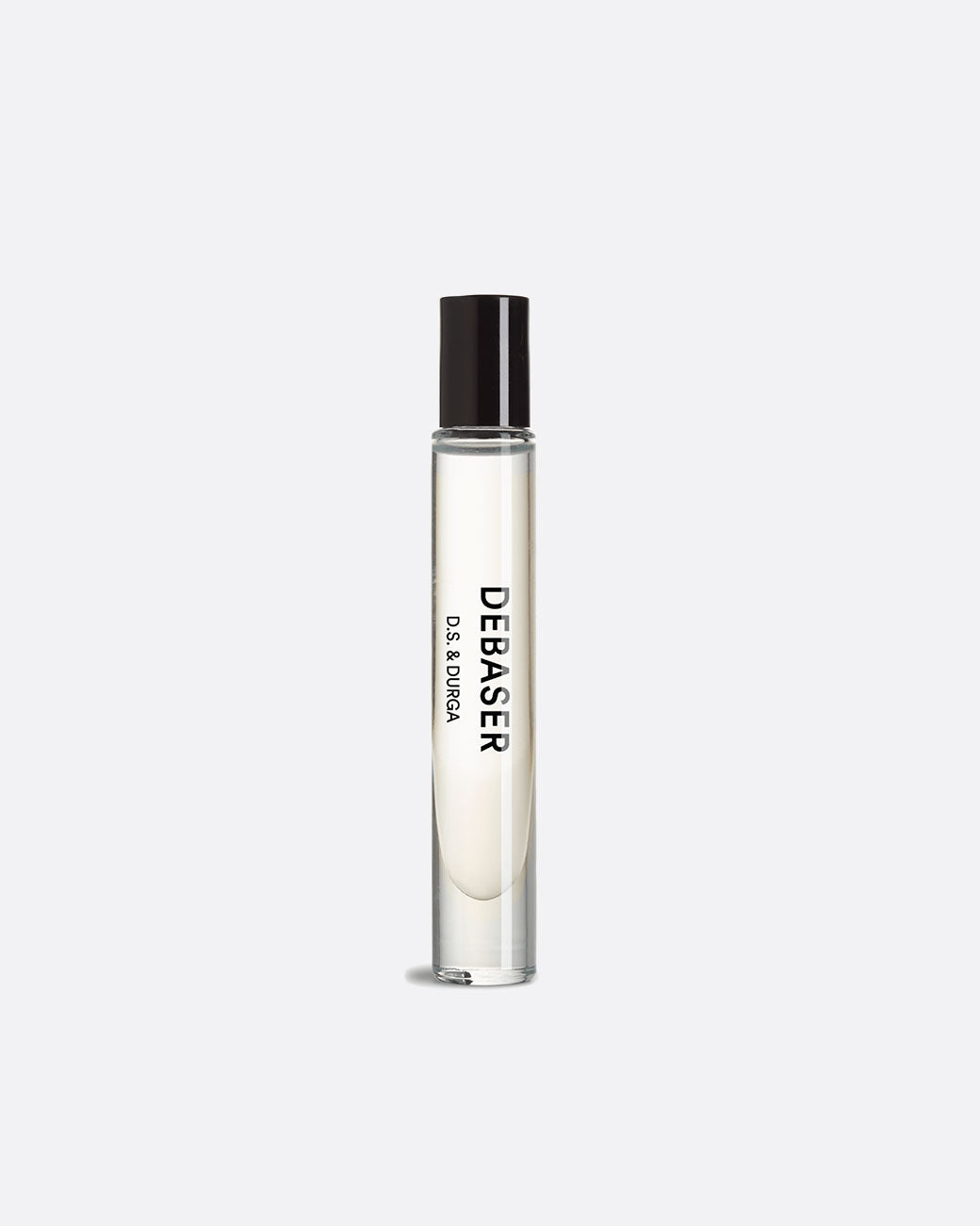 A glass roll on perfume bottle with a shiny black top and writing on its side that reads: Debaser D.S. & Durga. Shown standing up from the front.