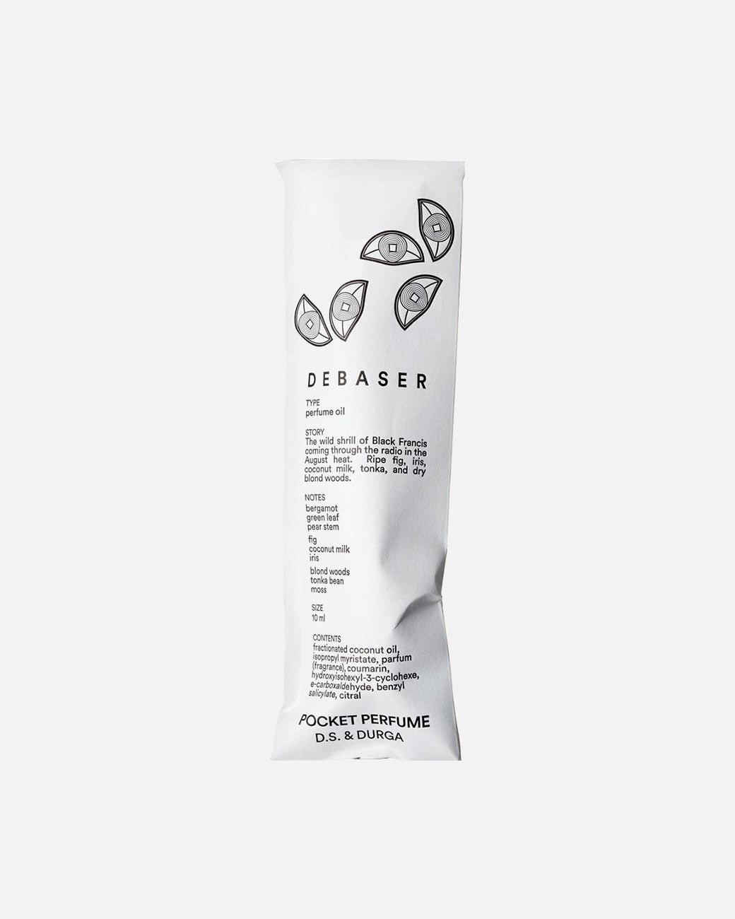A white paper package for a glass roll on perfume bottle. It has five eye shaped designs, product information and reads: Debaser Pocket Perfume D.S. & Durga. Shown standing up from the front.