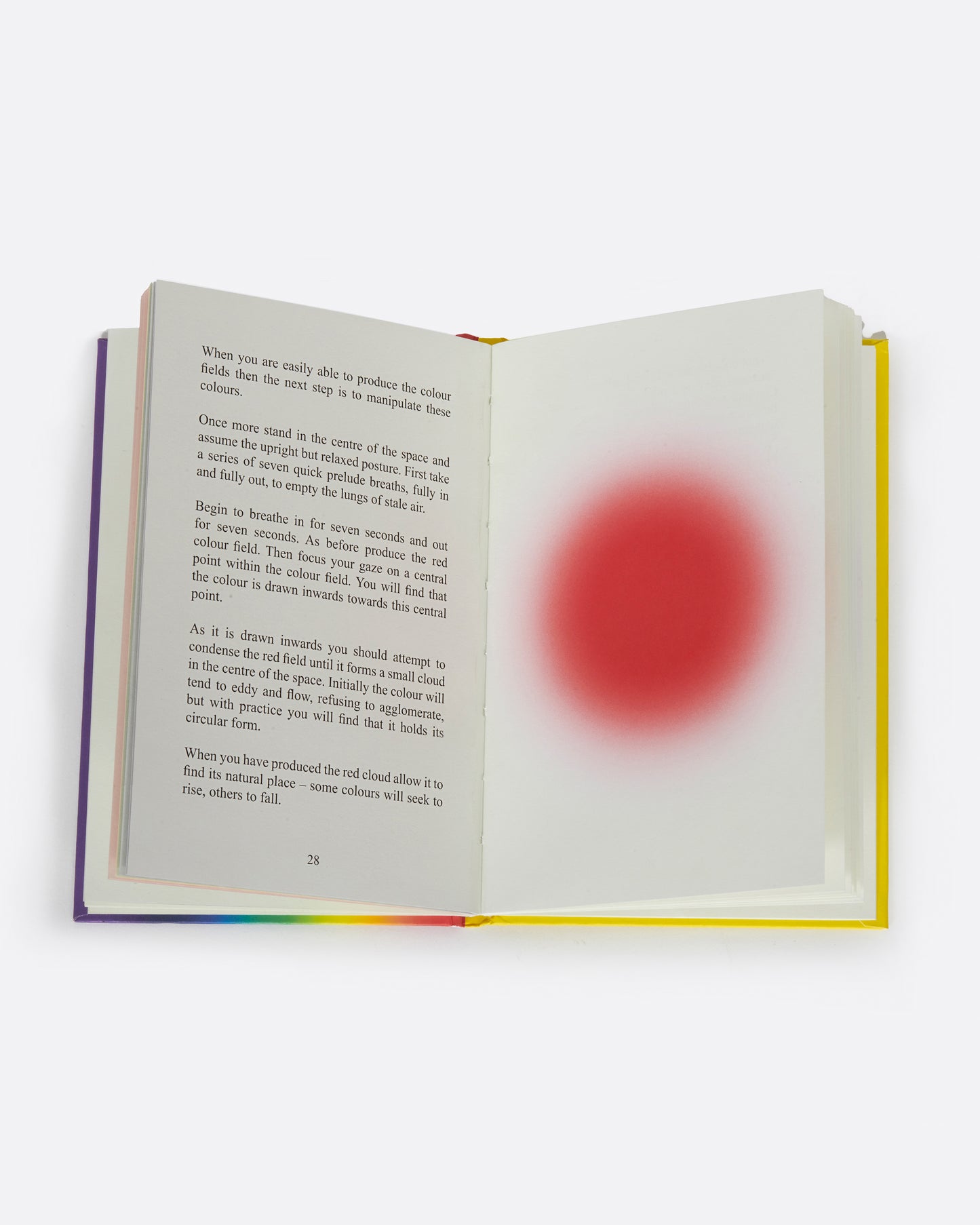 An open interior page of the book, Becoming Invisible. One page has type, the other a large red dot. Shown lying flat.