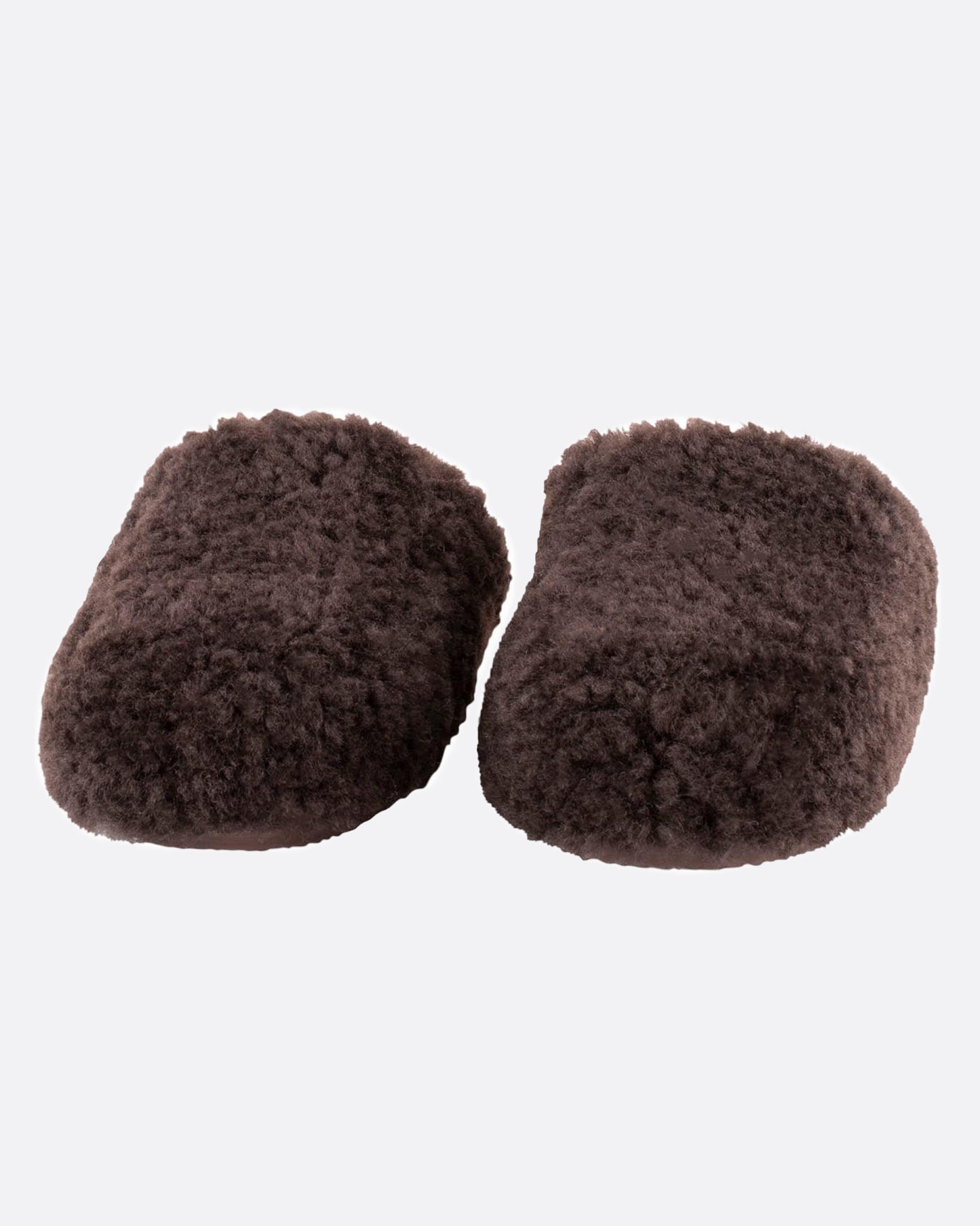 A pair of dark brown sheepskin slippers, shown from the front.