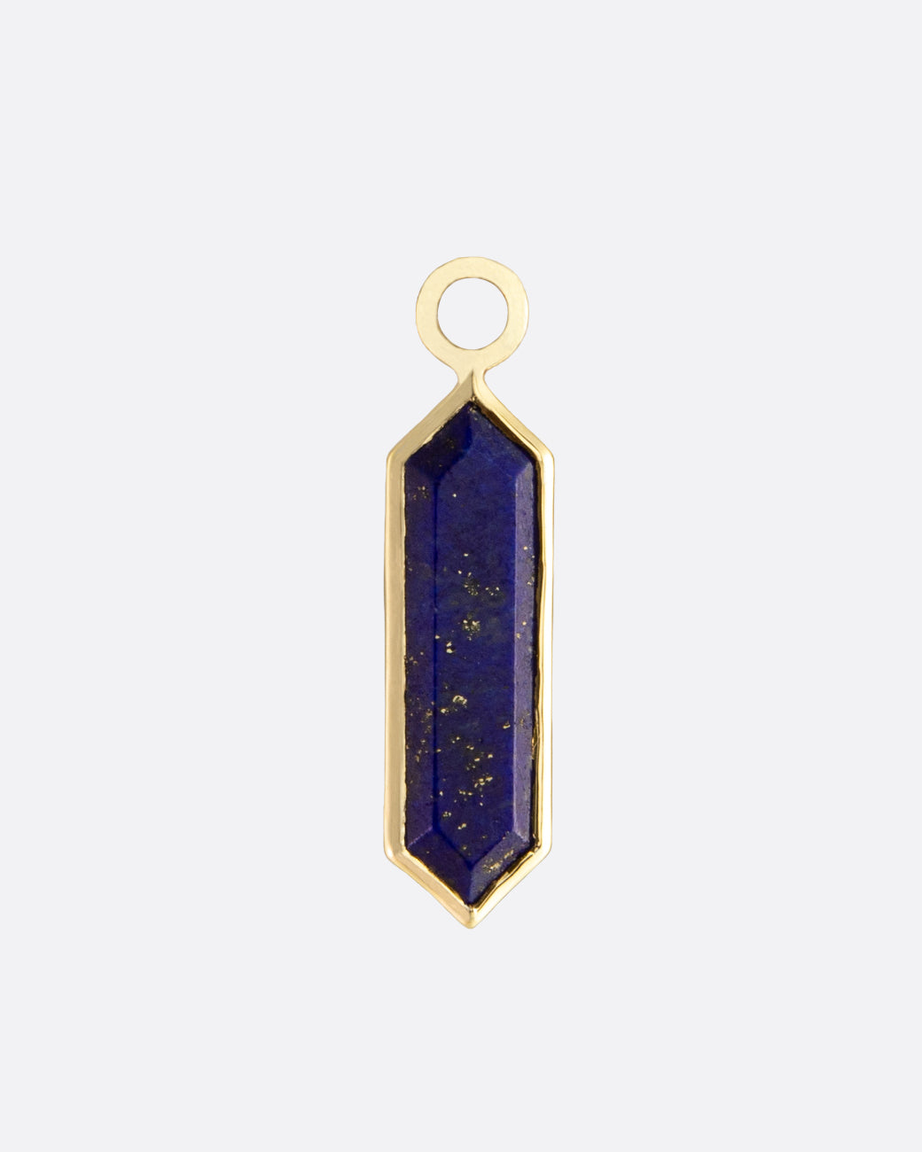 A yellow gold elongated hexagonal lapis dangle. Shown from the front.