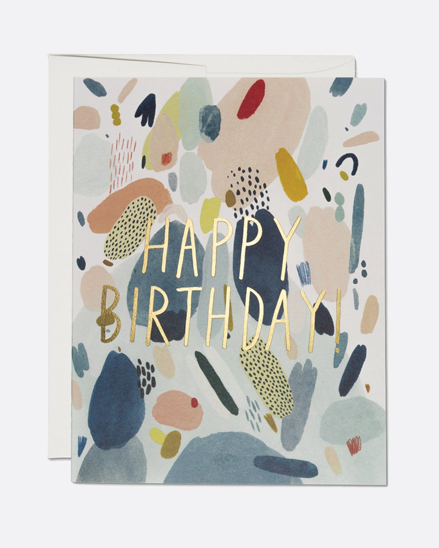A birthday card with abstract painted colors and the words HAPPY BIRTHDAY in gold letters. Shown from the front.