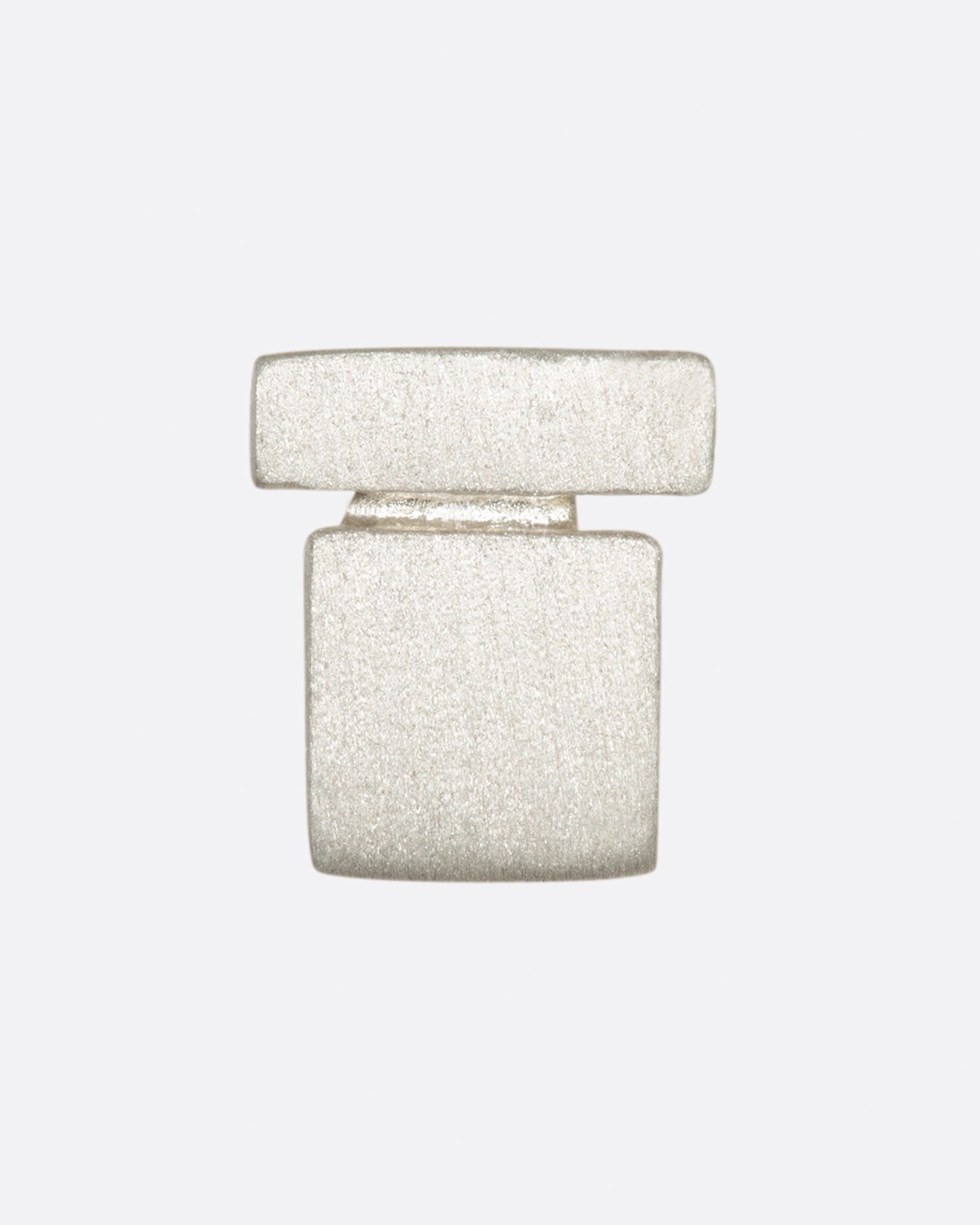 A brushed sterling silver stud earring with two rectangles stacked. Shown from the front.