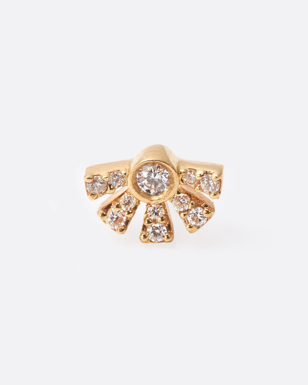 A yellow gold earring in the shape of a sun with rays with diamonds inlaid throughout. Shown from the front.