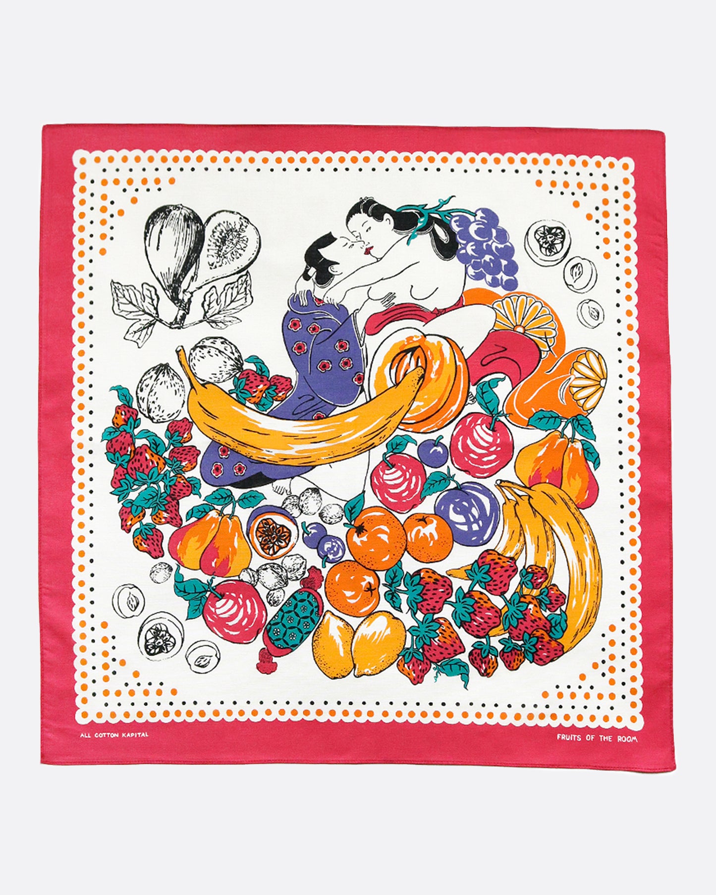 A colorful bandana with a red edge and a spring painting print of lovers embracing among a spread of fruits. Shown from the front.