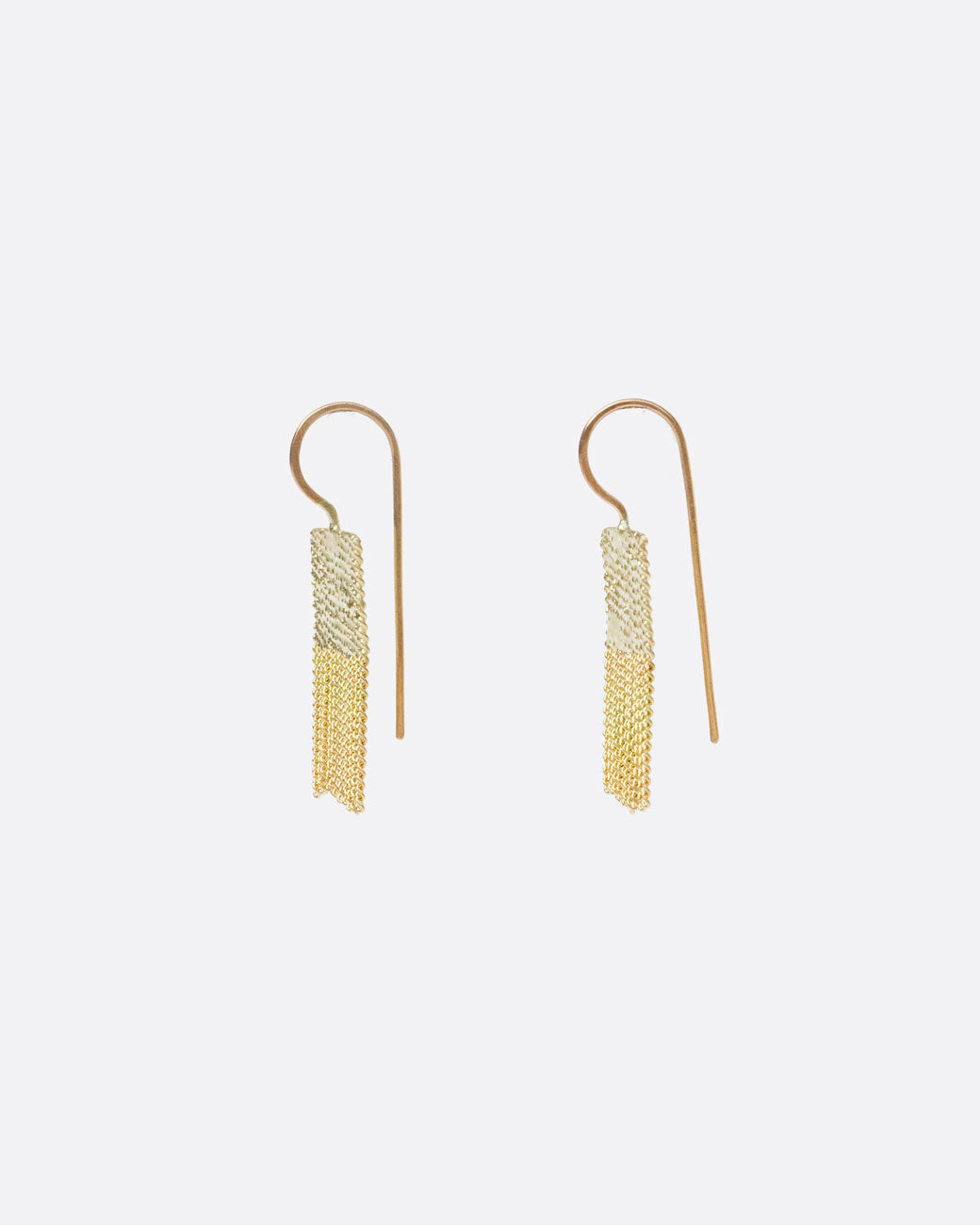 Yellow gold rectangular earrings with yellow gold chain fringe at the bottom. Shown from the side.