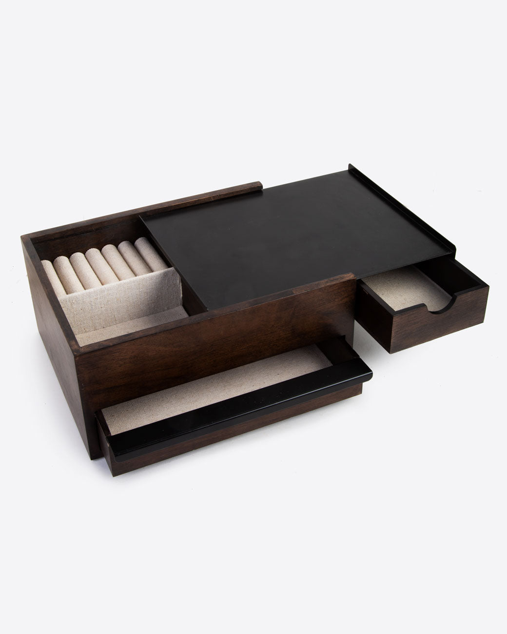 A wooden jewelry box with metal details and a tan fabric lined interior. There are three compartments, one with spots for rings and two sliding drawers. Shown from the front.