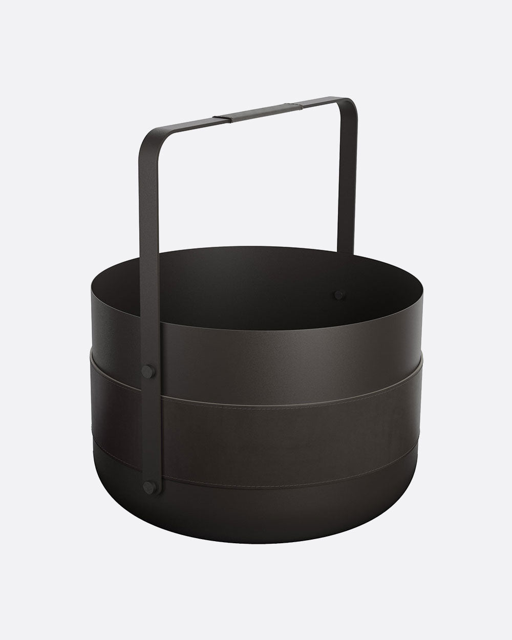 A black powder coated basket with leather on the handle and around the middle. Shown from the side.