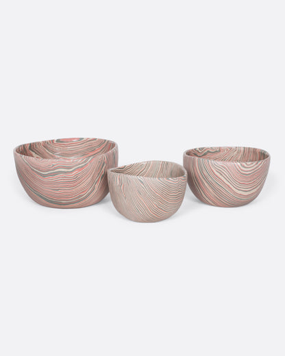 Pink and gray marbled ceramic bowl, shown with the small and large bowls
