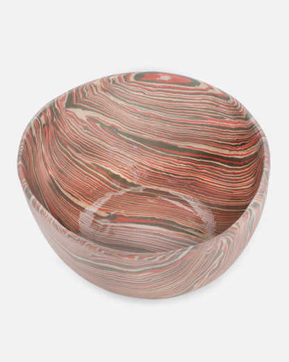 Pink and gray marbled ceramic bowl, view from above