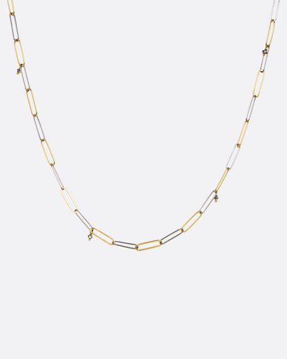 Lene Vibe necklace in 18k yellow and white gold, alternating long paperclip links with small diamond beads