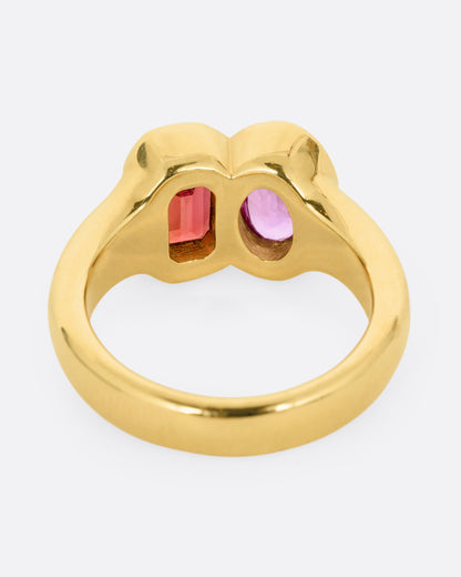 yellow gold ring with red and orange sapphires shown from the back