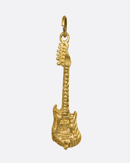An electric guitar charm in yellow gold. Shown from the front.