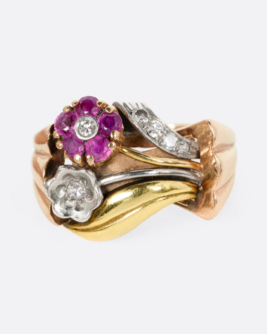 Ruby and Diamond Flower Ring