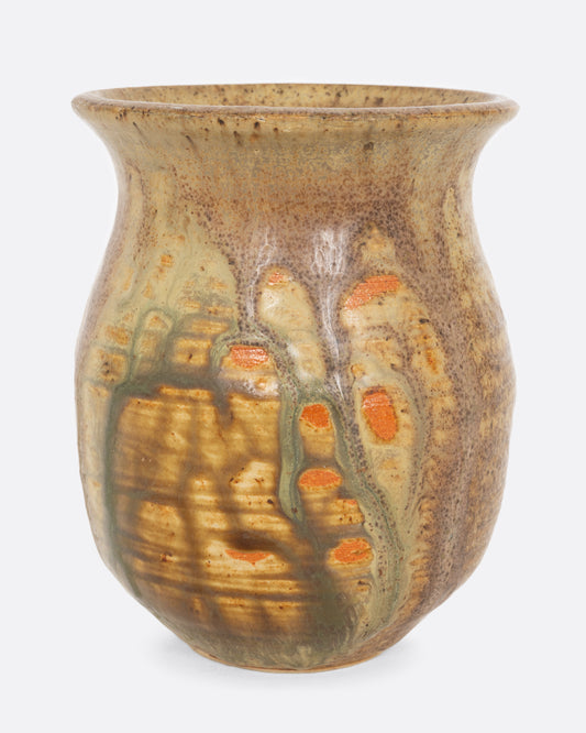 A vase with a dripped glaze of browns, greens, and orange. Shown from the front.
