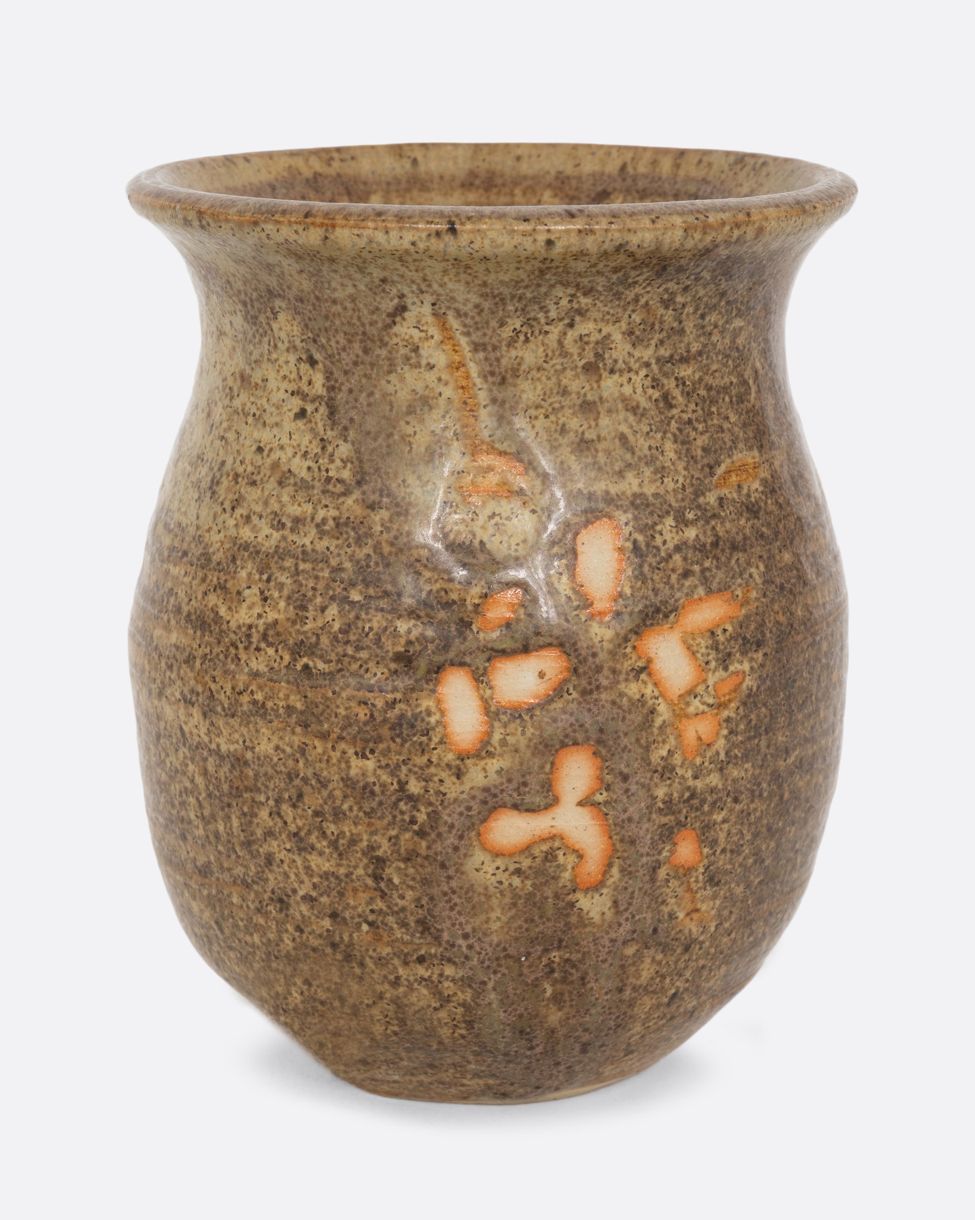 A vase with a dripped glaze of browns, greens, and orange. Shown from the front.