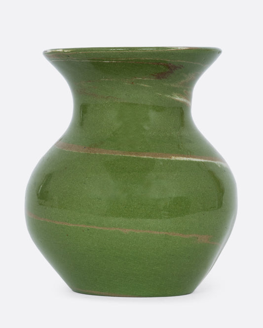 A green swirled vase. Shown from the front.