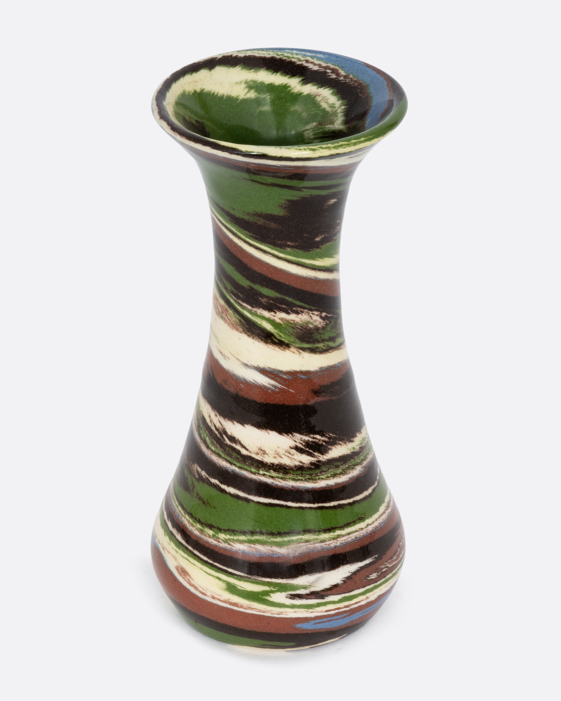 A green, brown, and white swirled bud vase. Shown from the front.