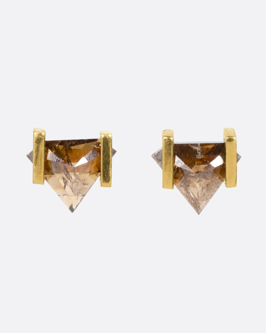 Yellow gold earrings with  open rectangular settings and cognac diamonds. Shown from the front. 