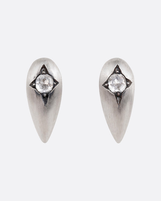 Silver teardrop shaped earrings with rose cut diamonds. Shown from the front.
