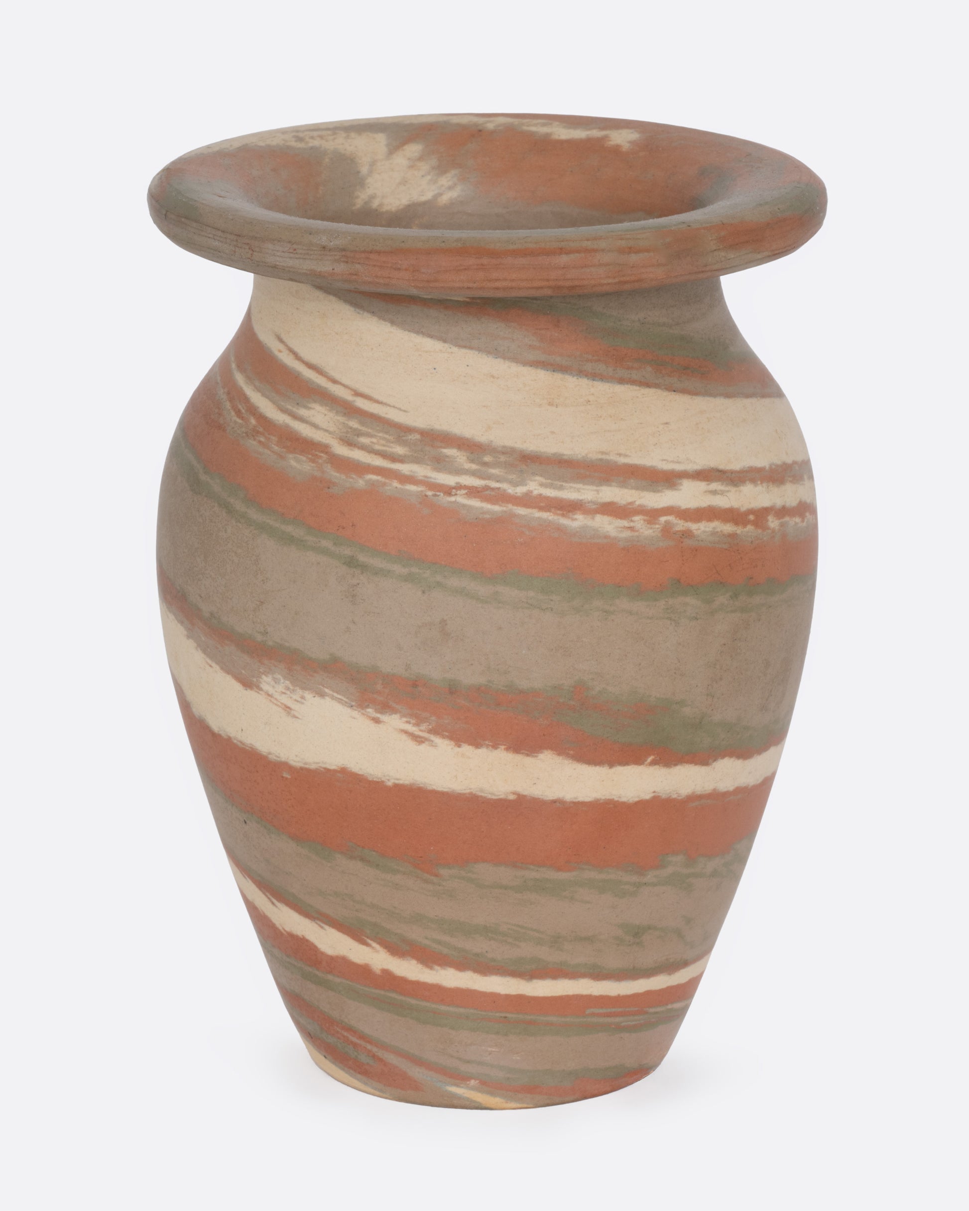 A bud vase with brown, cream, and umber swirls, shown from the front.
