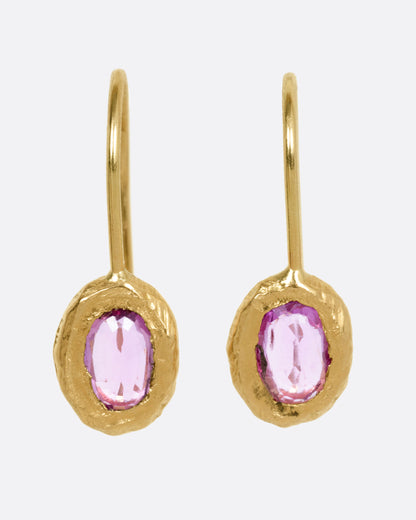 Page Sargisson fixed hook earrings in 18k yellow gold, oval pink sapphires in textured, engraved gold bezels