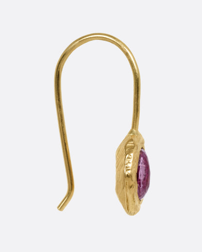 Yellow gold pink sapphire hook earrings, side view showing the fixed hook