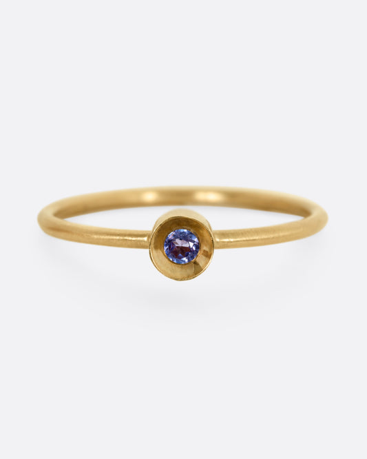 A yellow gold ring with a tanzanite in a raised bezel, shown from the front.