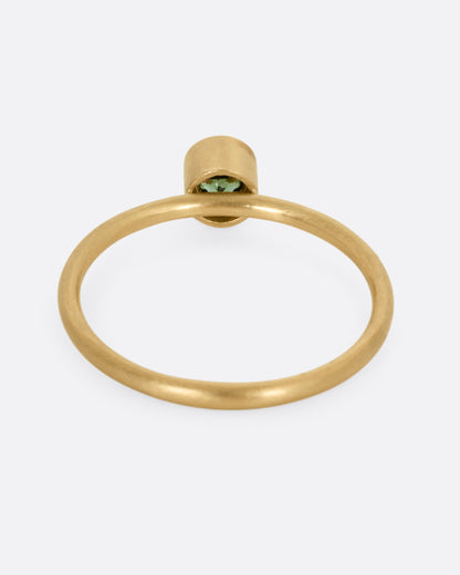 A yellow gold ring with a tourmaline, shown from the back.
