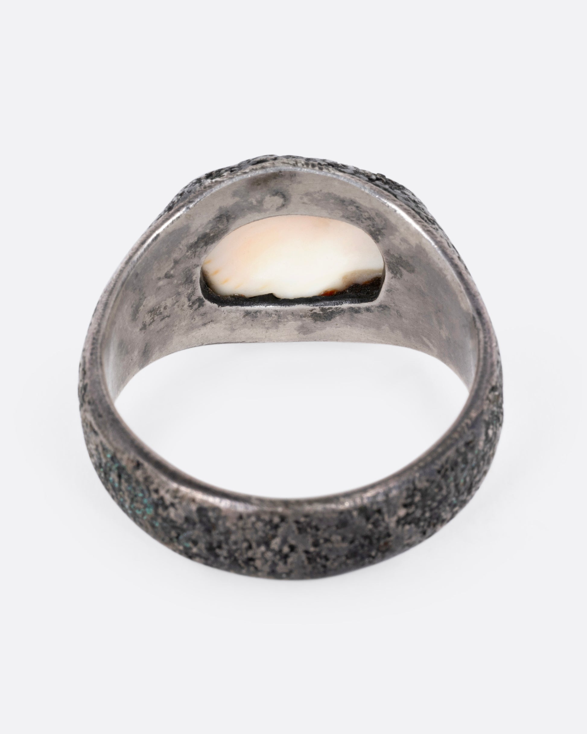 A silver signet ring with a speckled shell, shown from the back.