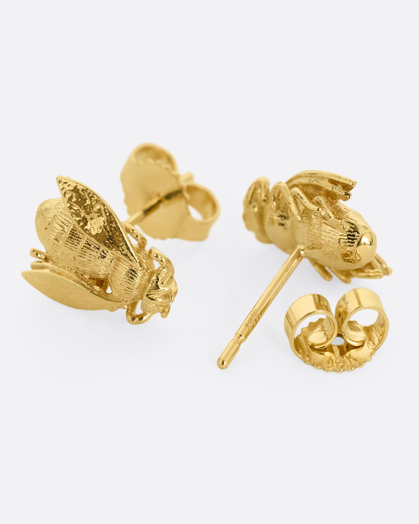 A pair of yellow gold bee earrings.One earring its shown from the front, the other open from the back.