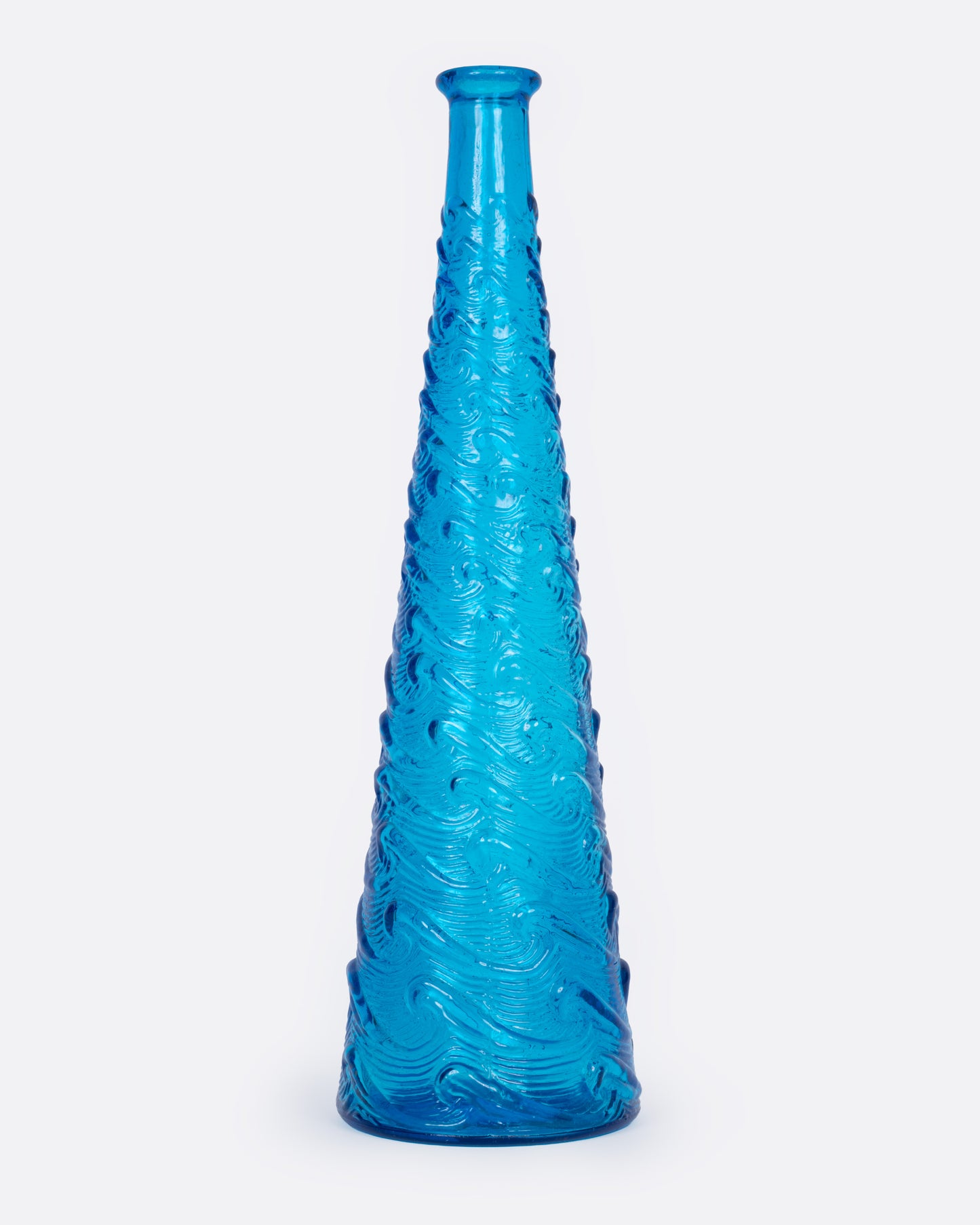 A tall tapered cerulean glass vase with a wavy textured exterior, shown from the front.