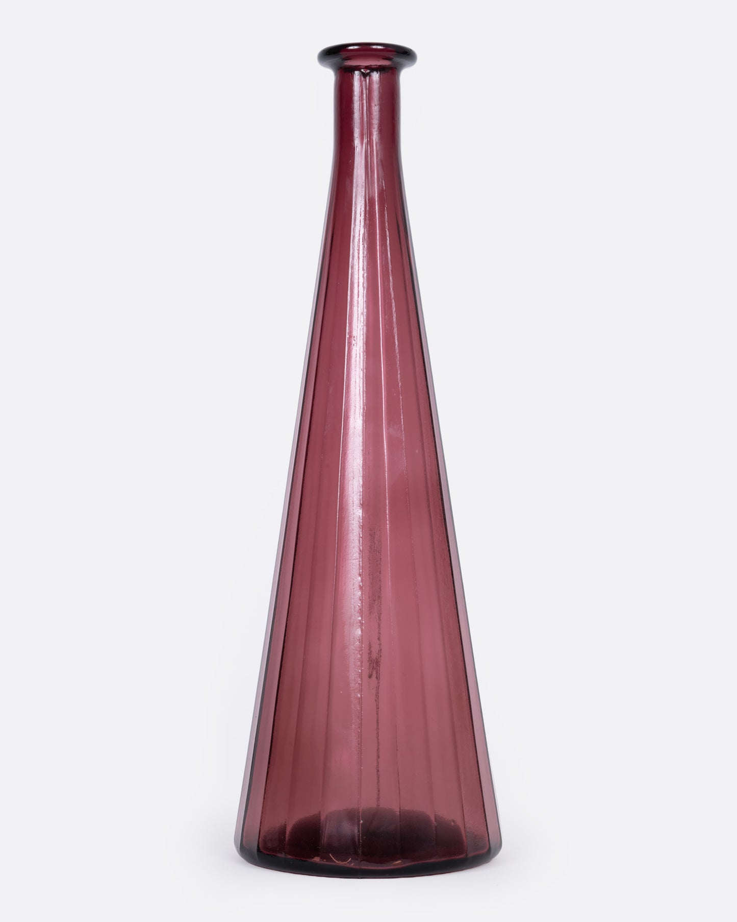 A tall tapered purple glass vase, shown from the front.