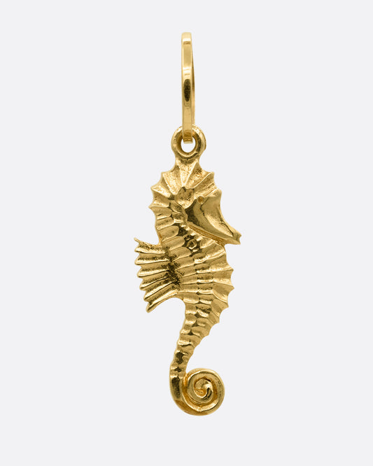 A yellow gold seahorse charm. Shown from the front.
