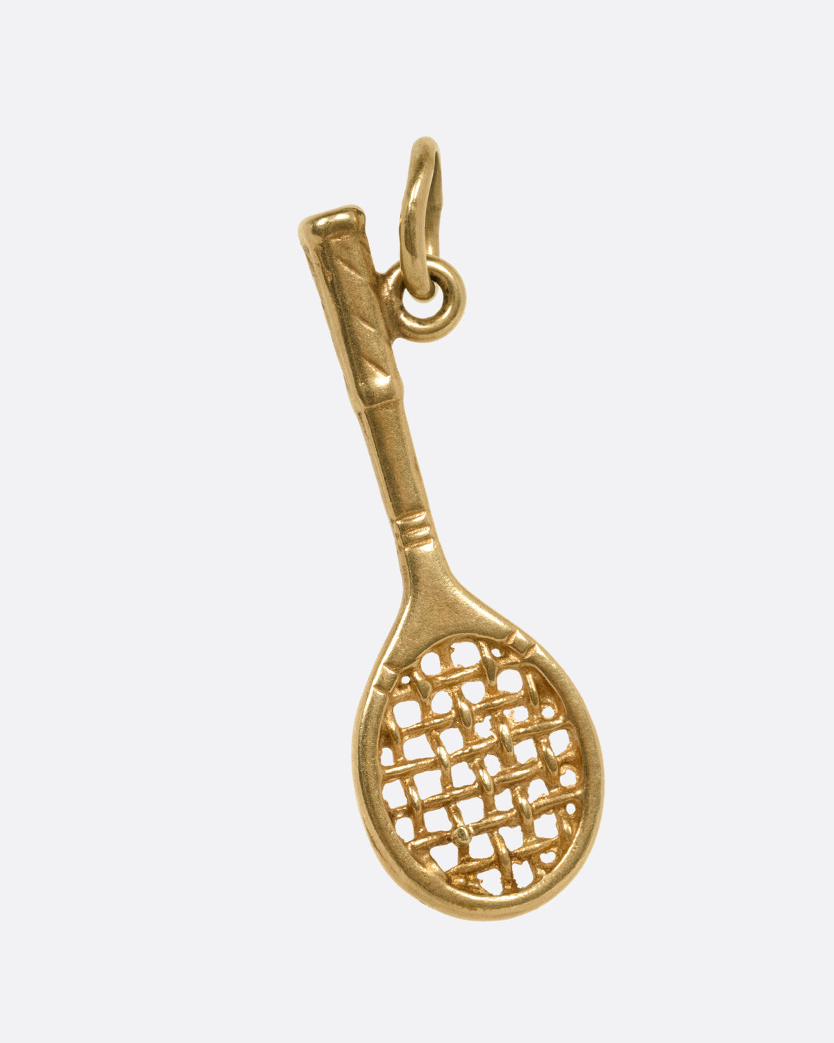 A gold tennis racket pendant charm with a woven string design, shown from the front.